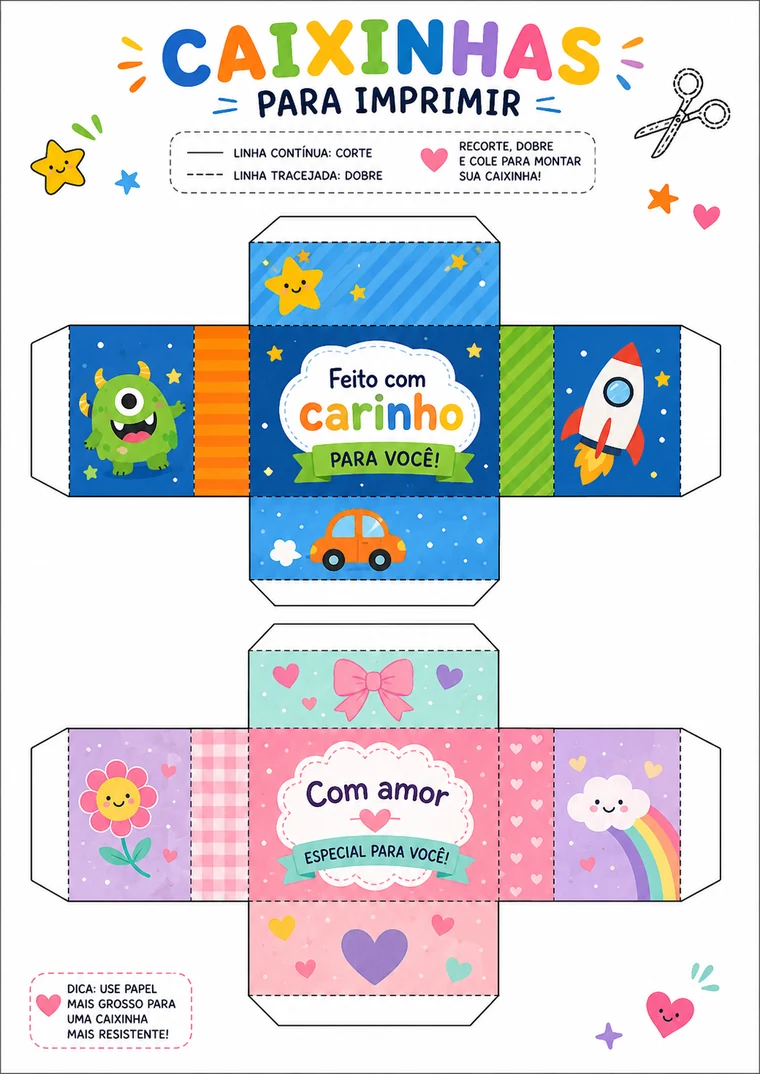 Molde de caixinhas coloridas para imprimir em A4