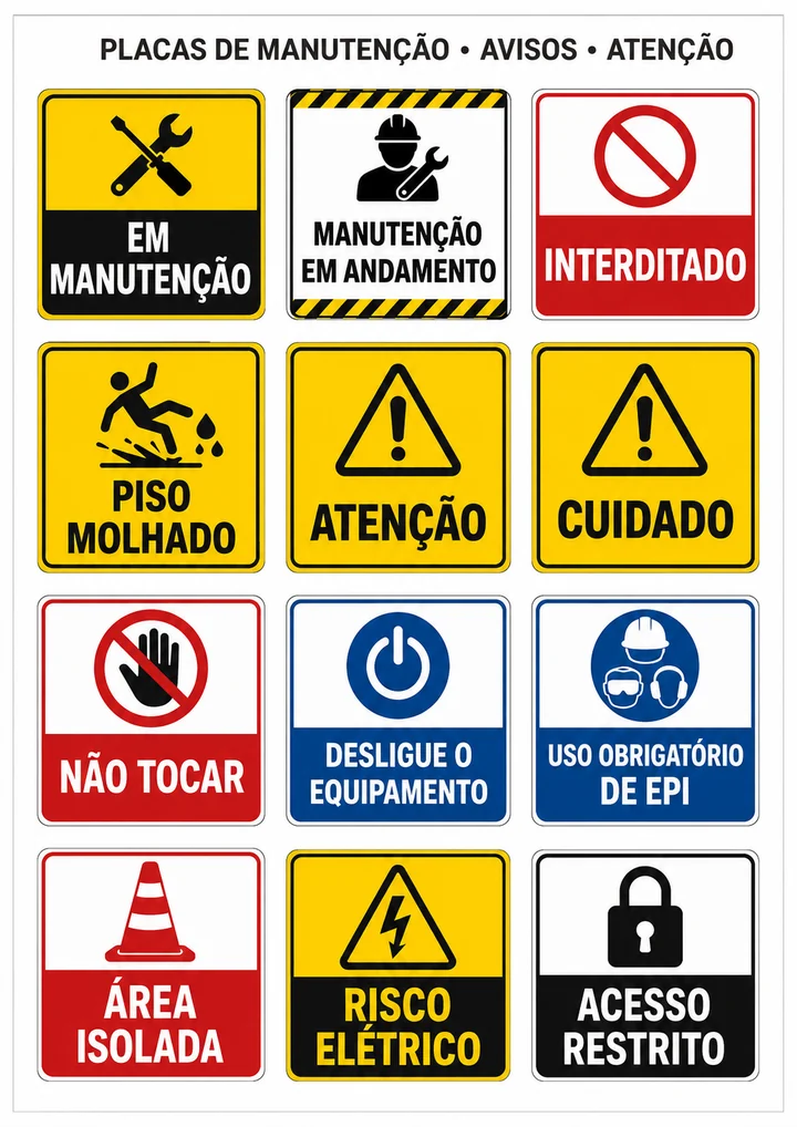 Folha com doze placas de manutenção e segurança