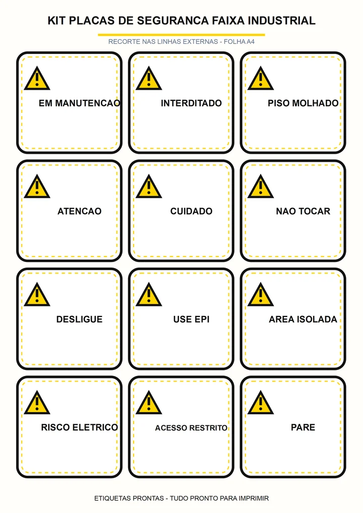 Folha A4 com placas de segurança amarelas