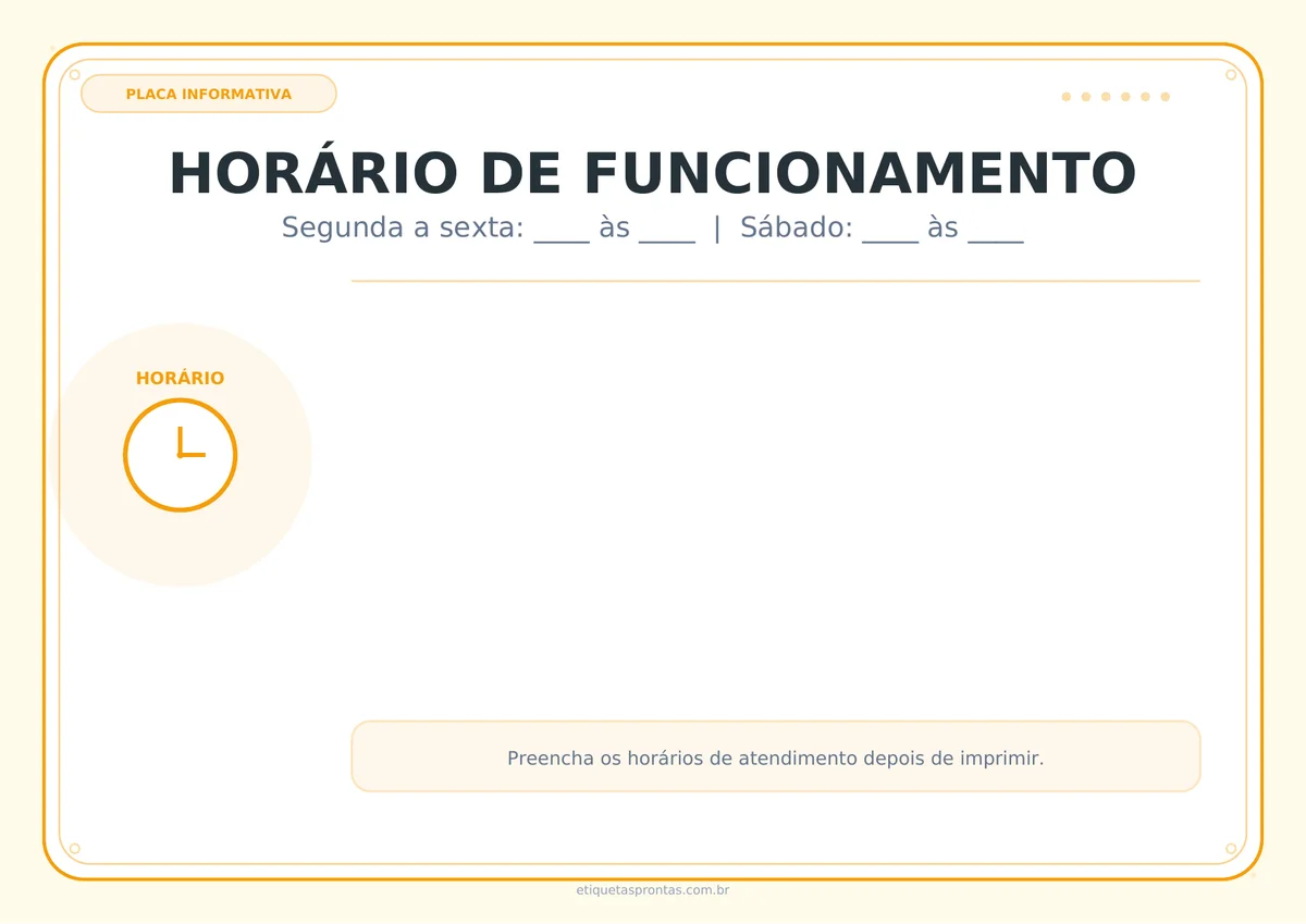 Placa Horário de Funcionamento para imprimir