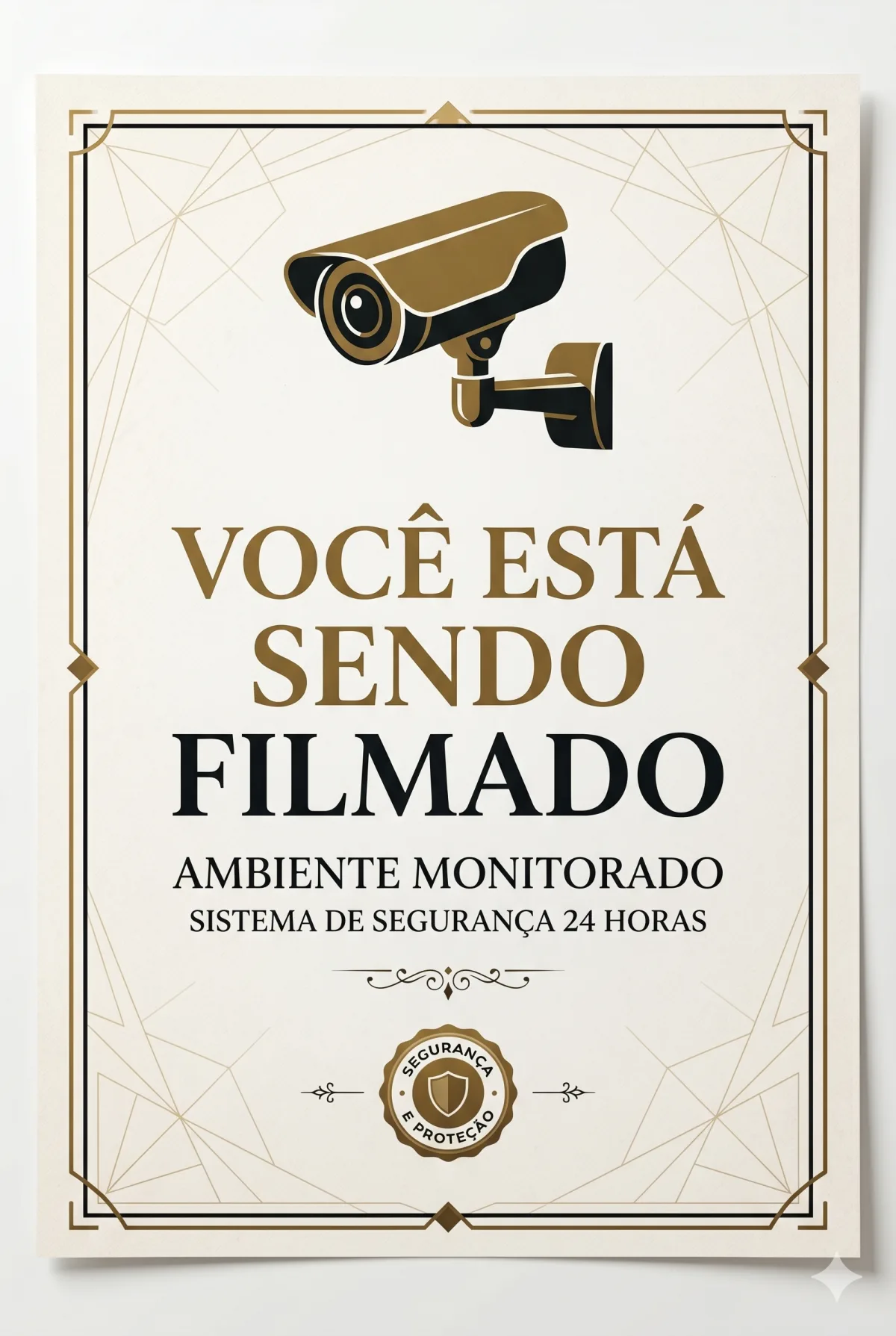 Placa Segurança Você Está Sendo Filmado Dourada para imprimir